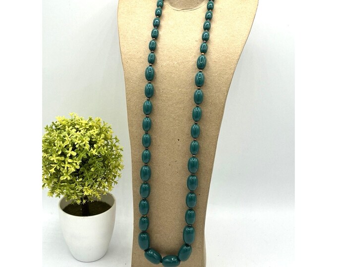 Vintage Teal Green Graduated Bead Necklace 30” Long Oval Beads Gold Tone