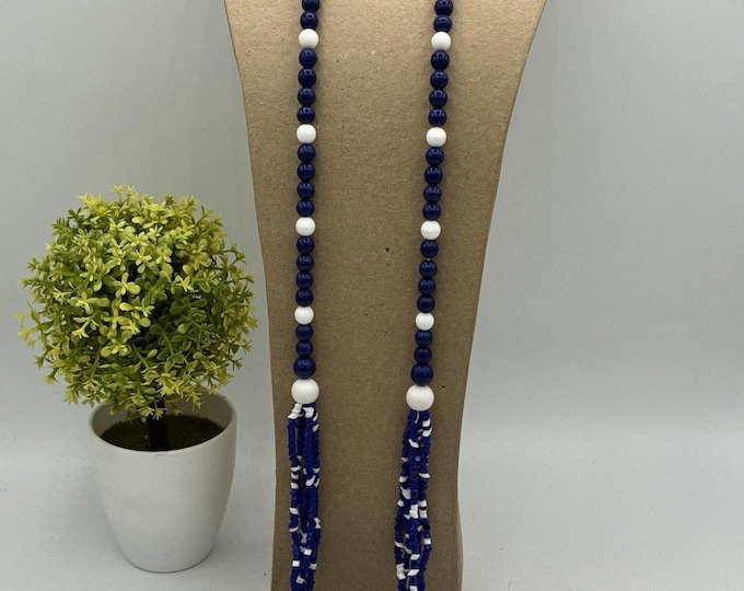 Vintage Blue White Beaded Necklace 34” Long Multi Strand Statement Jewelry