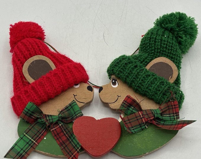 Vintage 1991 Kurt Adler Wooden From/Heart Bears Christmas Ornament Pair