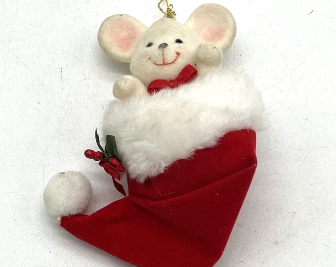 Vintage Flocked Mouse in Stocking Ornament – Christmas Tree Holiday Décor