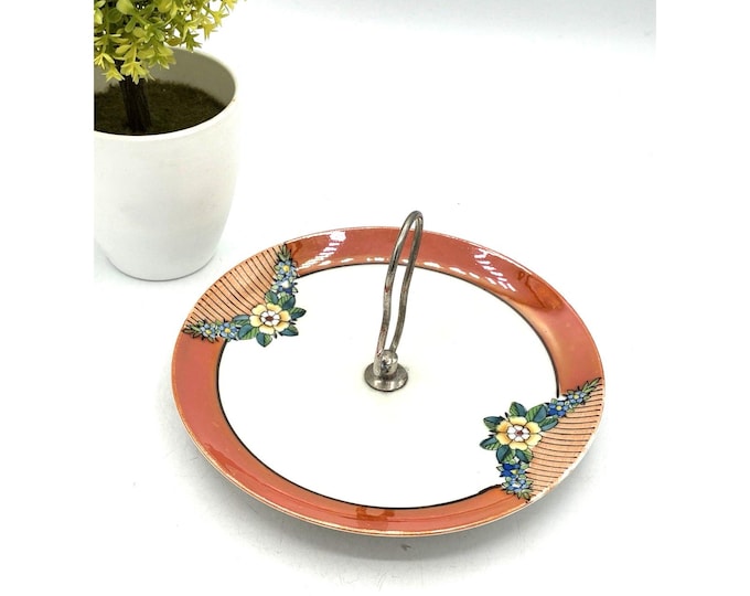 Chikaramachi Japan Lusterware Cake Plate – 1920s Hand‑Painted Floral with Chrome Handle