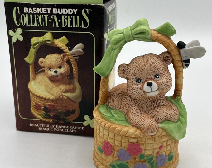 Vintage JSNY Basket Buddy Collect-A-Bell Bear In Basket Bell Bisque Porcelain
