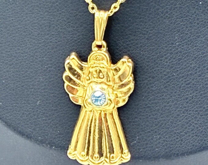 Avon Gold Tone Angel Pendant Necklace Blue Rhinestone 17 Inch Chain