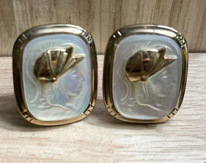 Vintage Swank Cuff Links Mother of Pearl Cameo Figure Gold Tone Mid Century