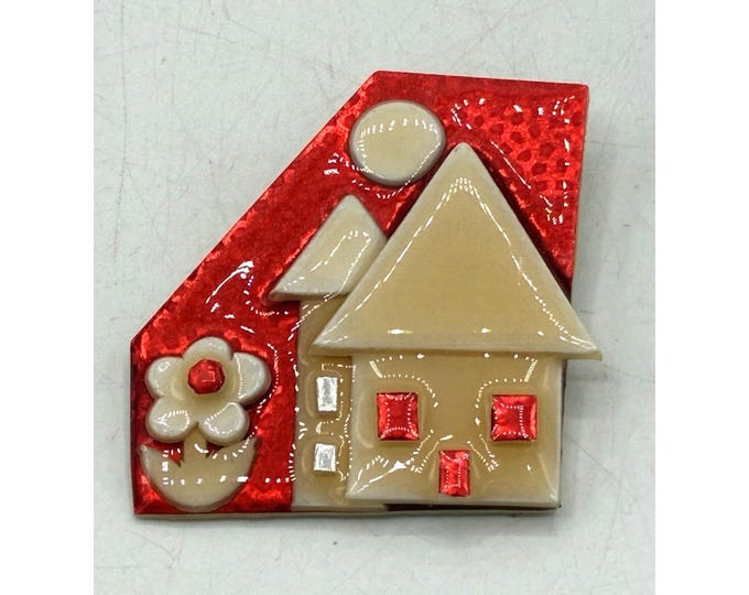 House Pins by Lucinda Brooch • Red Glitter House • Rhinestone Windows • Vintage 2” Pin