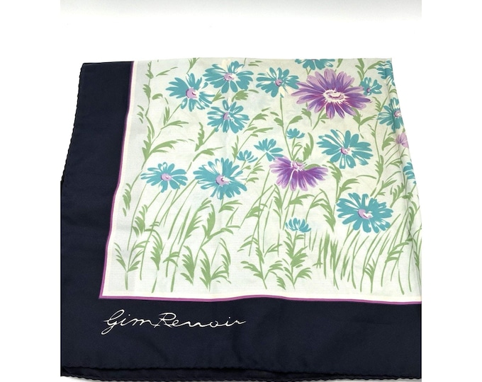 Vintage Jim Renoir Signed Scarf 29” Made Italy Floral Navy Blue Purple Polyester
