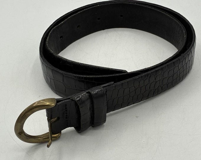 Calvin Klein Black Alligator Embossed Leather Belt Medium Brass Buckle