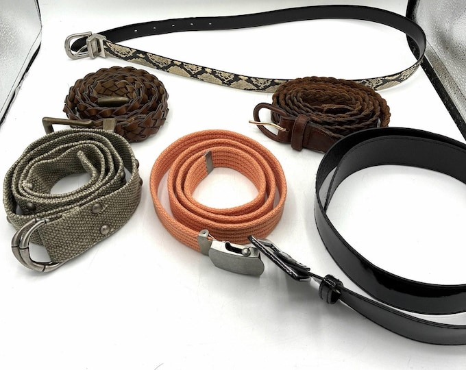 Lot 6 Womens Belts Size L 14 Braided Leather Canvas Snake Print Vintage Style