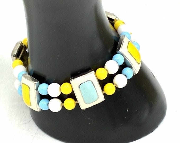 Vintage Enamel Panel Bracelet Yellow Turquoise Silver Tone Bead Stretch