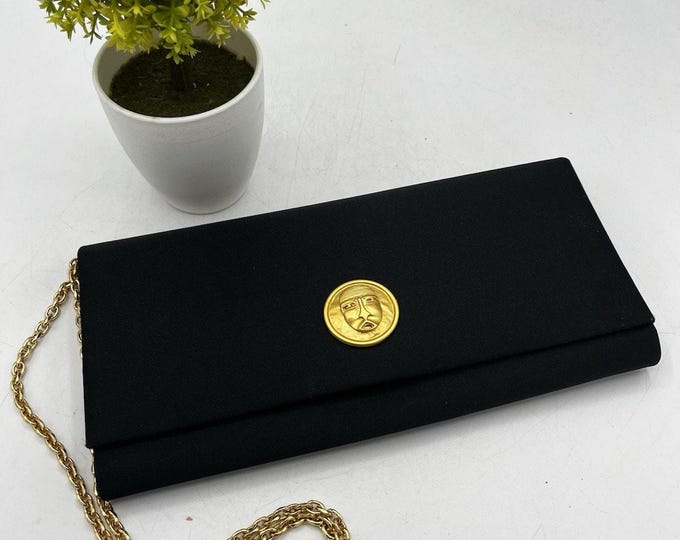 Vintage Scepi Italy Black Satin Evening Clutch Gold Face Medallion Chain Bag