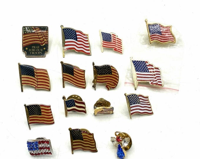 15 Pc American Flag Patriotic Lapel Pin Lot USA Rhinestone Pray for Troops