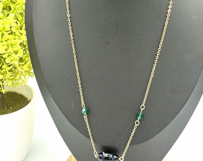 Vintage Sarah Coventry Black Hematite Green Crystal Bead Station Necklace 16"