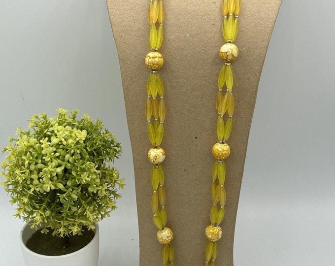Vintage Hong Kong Yellow Lucite Bead Necklace 28” Multi Strand Statement