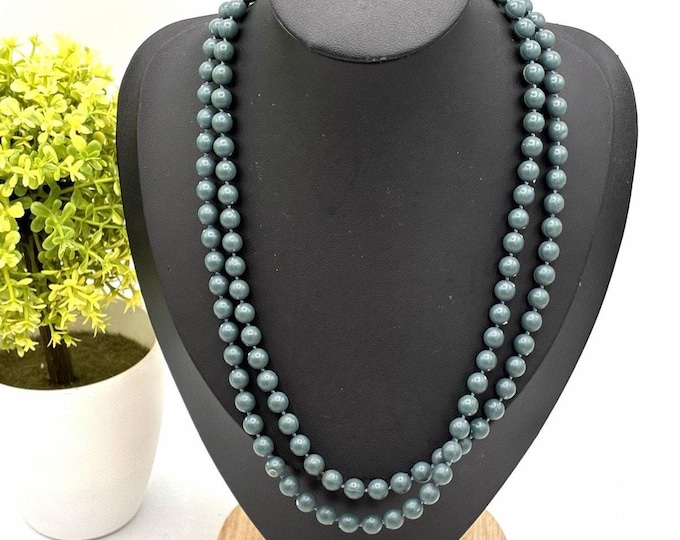 Vintage Gray Green Beaded Necklace 36” Long Strand Retro Costume Jewelry