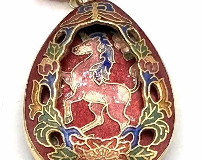 Vintage Chinese Cloisonne Teardrop Pendant Necklace Unicorn Orchid Red 26” Cord