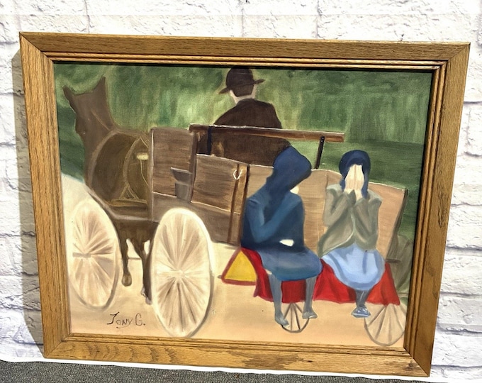 Signed Tony G Amish Horse Buggy Folk Art Painting Framed 22x18 Vintage Style