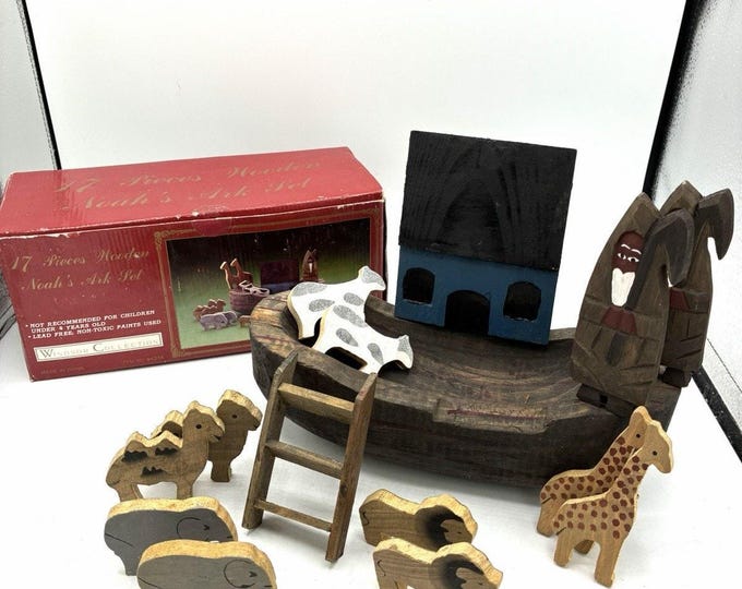 Windsor Collection 17 Pc Wooden Noah’s Ark Set Folk Art Animals Original Box