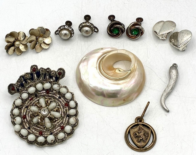 Vintage Costume Jewelry Oddities Lot Earrings Shell Brooch Charms Wearable Craft