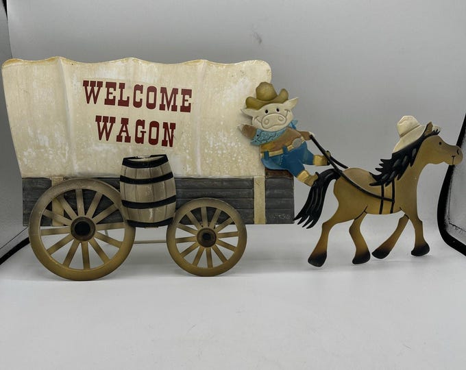 Vintage Metal Welcome Wagon Sign Cowboy Pig Horse Western Farmhouse Wall Decor