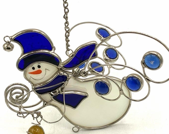 Glass Snowman Suncatcher Blue White Wire Art Christmas Hanging Decor