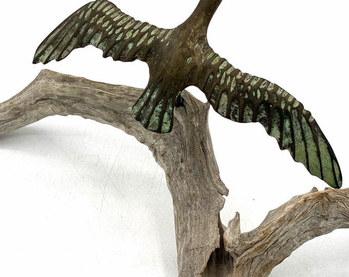 Vintage Driftwood Metal Seagull Bird Sculpture 15in Coastal MCM Beach Decor
