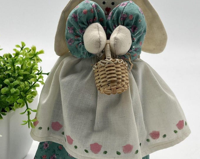 Vintage Handmade Artisan Rabbit Doll Apron Floral Dress Basket 8 Inch