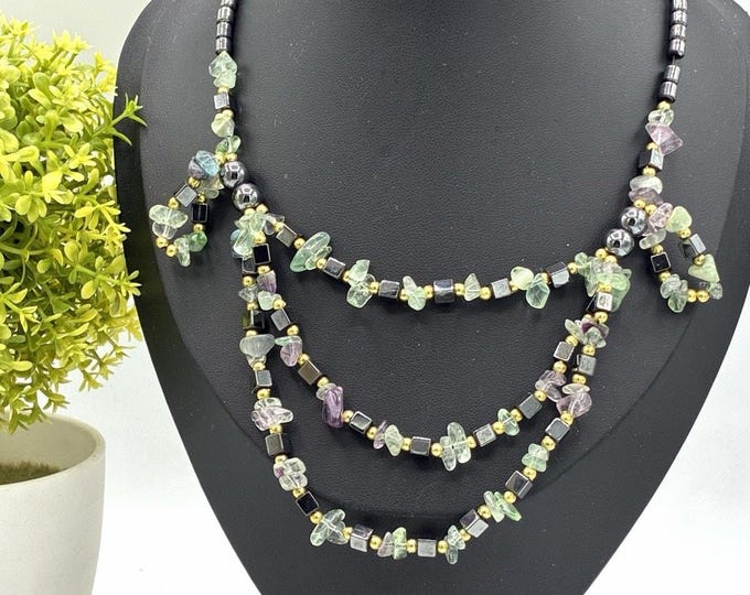 Hematite Fluorite Chip Bead Necklace Double Strand Drape Green Purple Gold Tone
