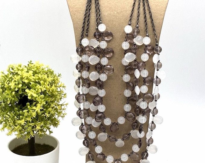Trifari CREAM Tag Multi‑Strand Bead Necklace White Smoky Gray Crown Charm