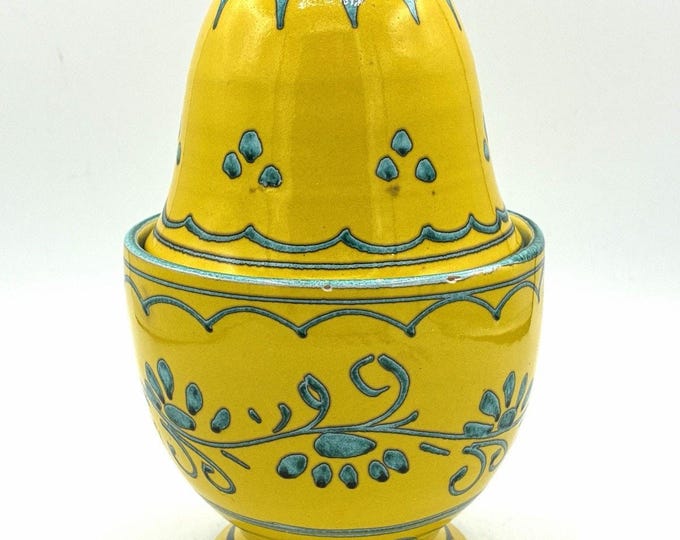 Vintage Italy Pottery Lidded Jar Yellow Teal Hand Painted Ginger Jar CHIPPED