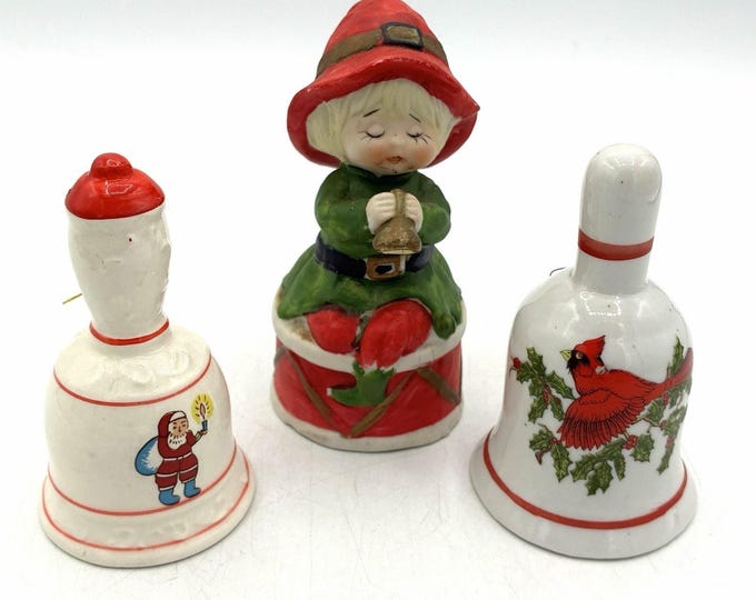 Vintage Christmas Bell Lot 3 Jasco Elf Santa Cardinal Ceramic Holiday Decor