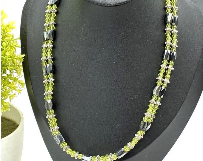 Magnetic Hematite Style Green Crystal Double Strand Beaded Necklace 16”