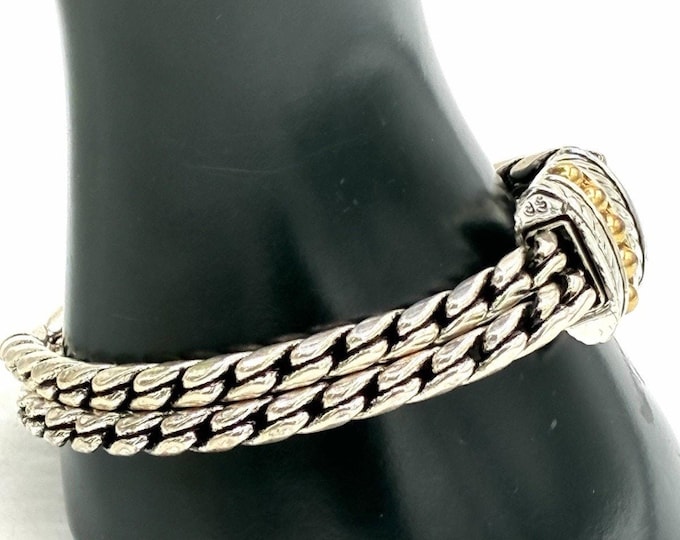 Vintage Silver Plated Two-Tone Woven Wheat Chain Bracelet Gold Bead Clasp 9”