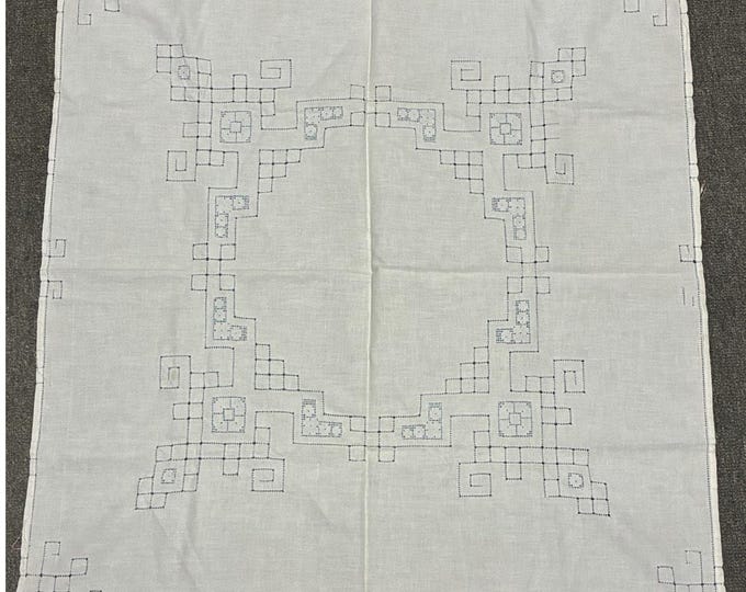 Vintage Linen Drawn-Thread Embroidered Square Topper 30” Blue Stitching