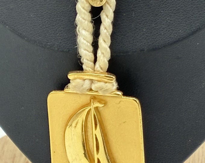 Vintage Nautical Sailboat Pendant Necklace Cream Rope Gold Tone Maritime