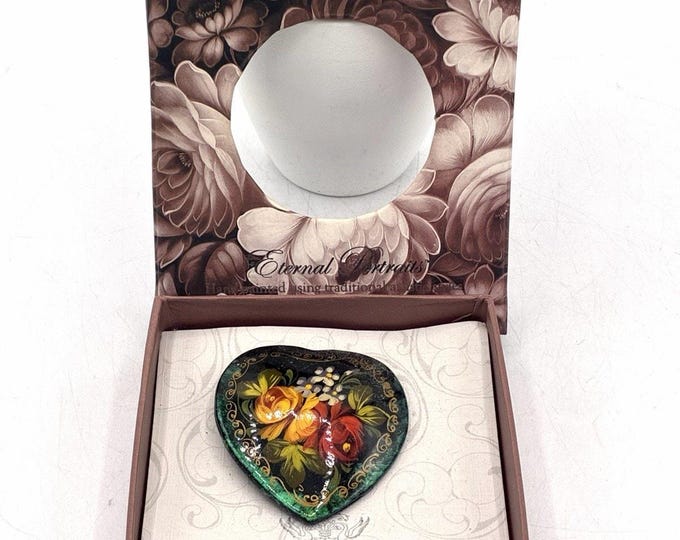 G DeBrekht Hand Painted Lacquer Heart Brooch Floral with Box