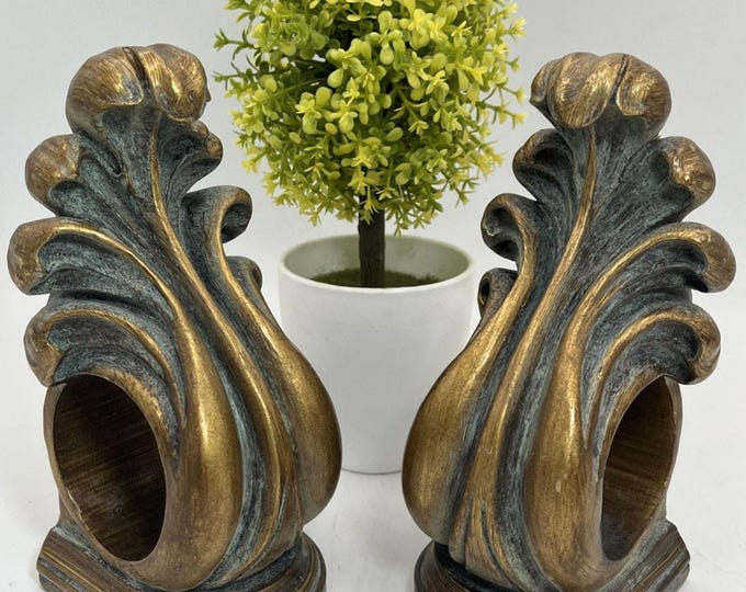 vintage Style Resin Curtain Rod Brackets Ornate Scroll Gold Green Decor Hardware
