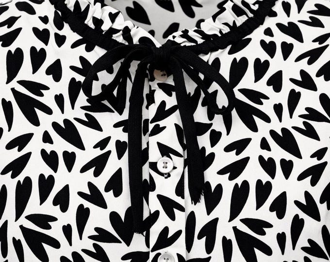 LOFT Heart Print Ruffle Blouse • Black White Button‑Up • Long Sleeve • XS