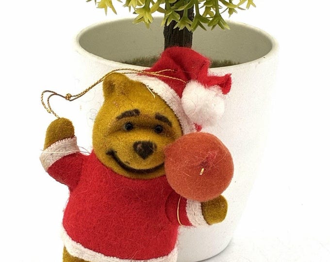 Vintage Winnie the Pooh Flocked Santa Ornament Christmas Holiday 3 Inch As Is