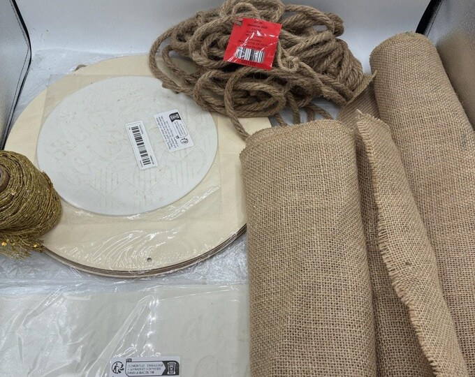 Craft Supply Lot Burlap Rolls Wood Blanks Stencils Jute Rope Christmas Ribbon