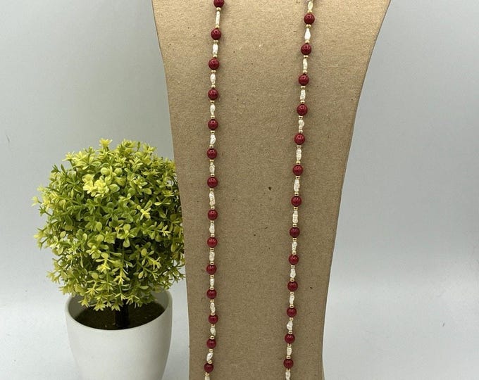Vintage Red Jade Freshwater Pearl Long Rope Necklace Gold Tone 32 Inch