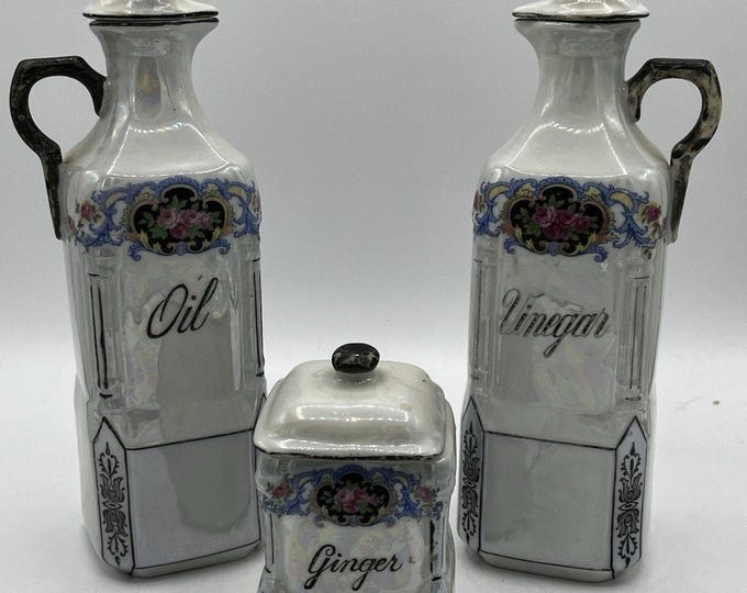 Vintage Japanese Lusterware Oil Vinegar Ginger Set 3pc Hand Painted Japan 1920s