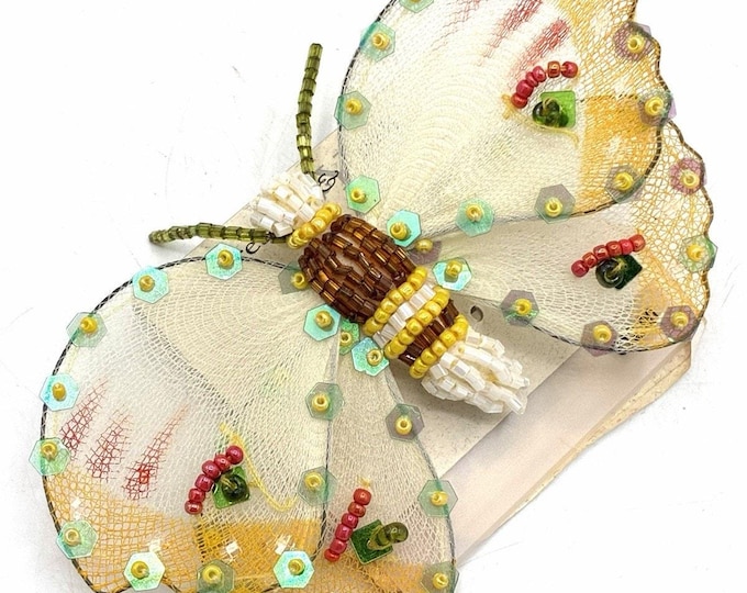 Preston & York Butterfly Brooch Beaded Mesh Sequin Pin New Old Stock