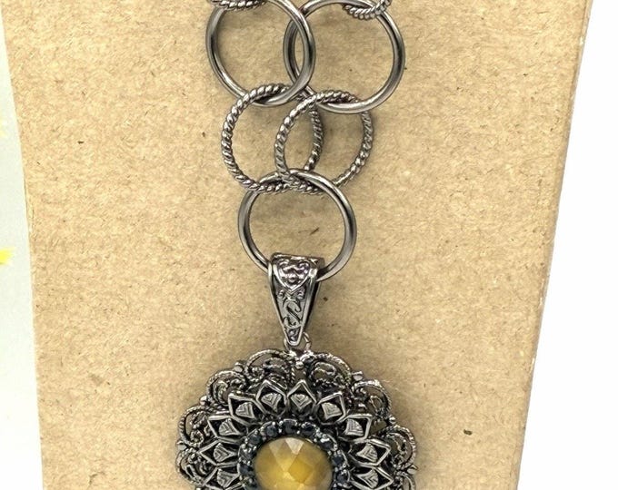 Vintage Silver Tone Filigree Mandala Pendant Necklace Tiger Eye Blue Stones 18 Inch