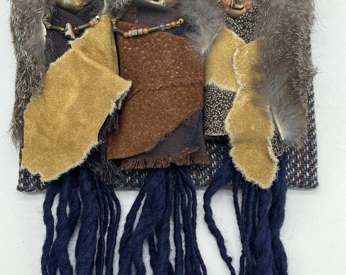 Vintage Handmade Inuit‑Style Women Dolls – Mixed Media Wall Hanging (12x9)