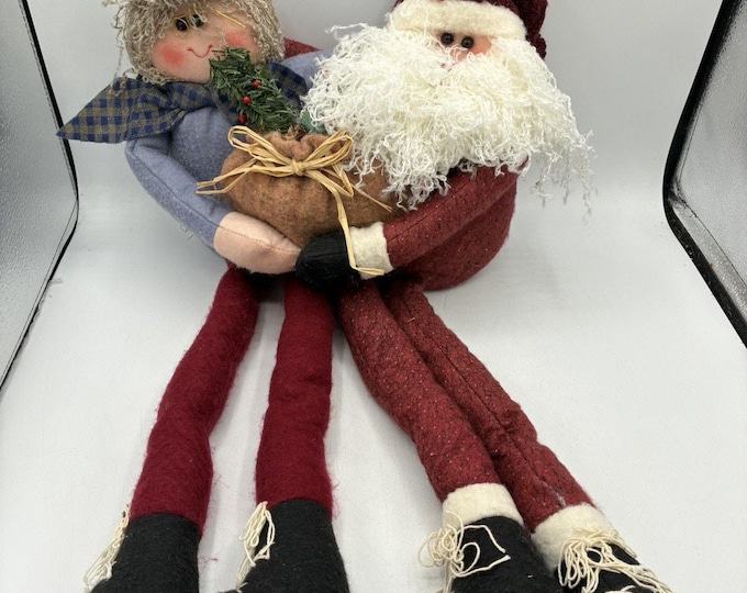Santa Mrs Claus Shelf Sitter Pair Long Legs Folk Art Christmas Dolls 24”