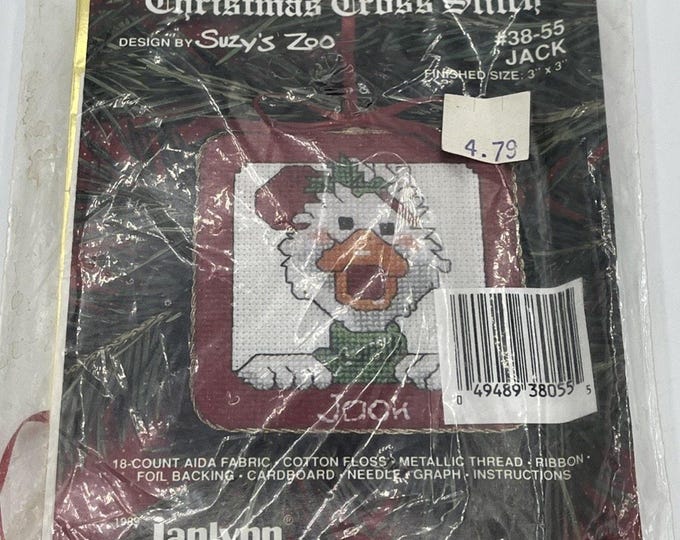 Vintage 1989 Janlynn Suzy's Zoo Jack Christmas Cross Stitch Kit New Unopened 3x3 Holiday Craft