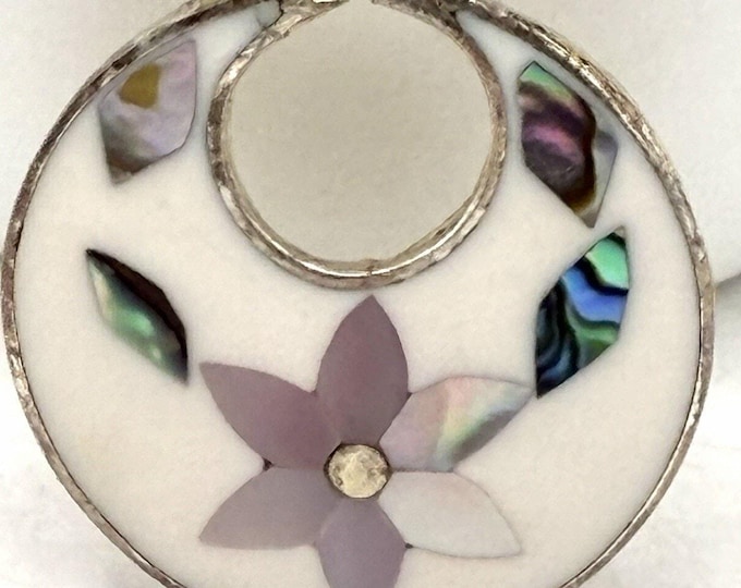 Alpaca Mexico Pendant Mother of Pearl Abalone Flower Inlay Silver Tone