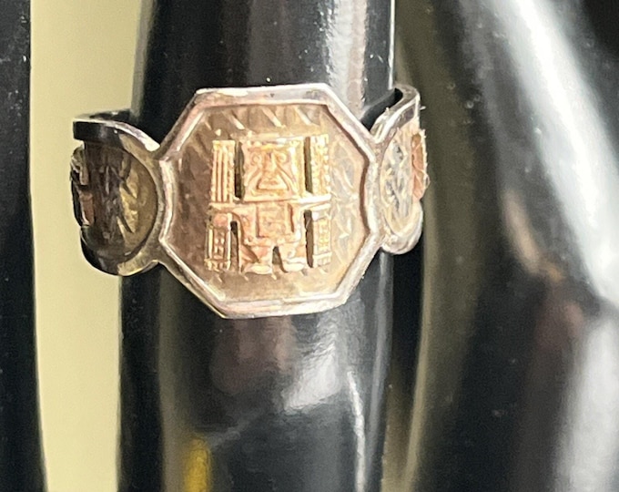 Sterling Silver 925 18K Gold Aztec Glyph Band Ring Sz 6.5 Hallmarked Artisan