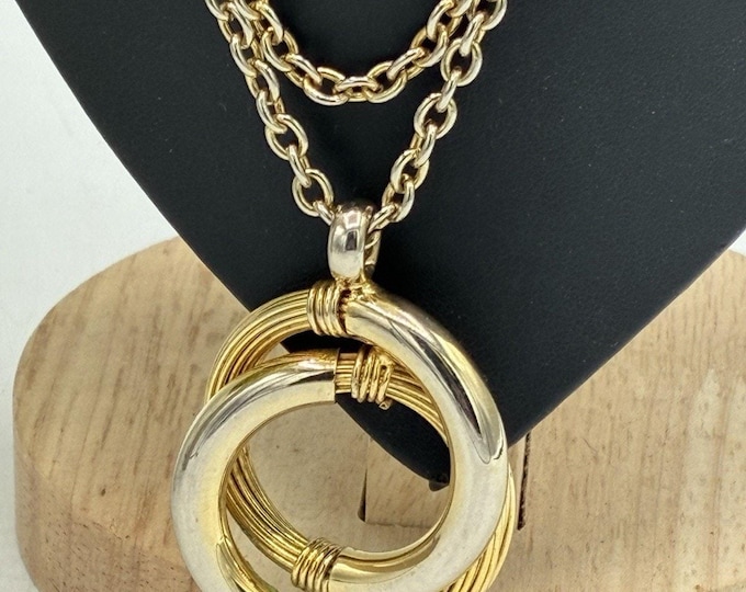 Vintage Two Tone Interlocking Rings Pendant Long Chain Necklace Statement
