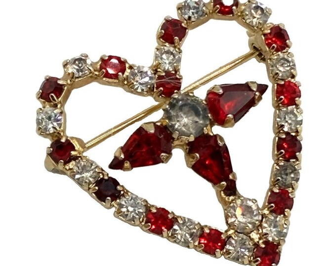 Vintage Rhinestone Heart Brooch Red Clear Open Design Center Cross Pin